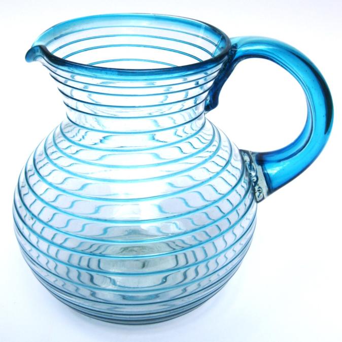 New Items / Aqua Blue Spiral 120 oz Large Bola Pitcher / This pitcher is a work of art by itself. Its aqua blue swirls add a beautiful touch to the design.